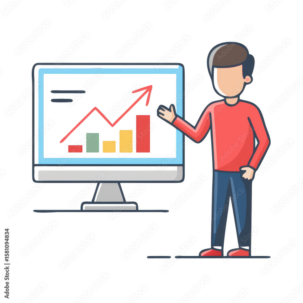 Poster man presenting a financial growth chart on a computer screen isolated on transparent background