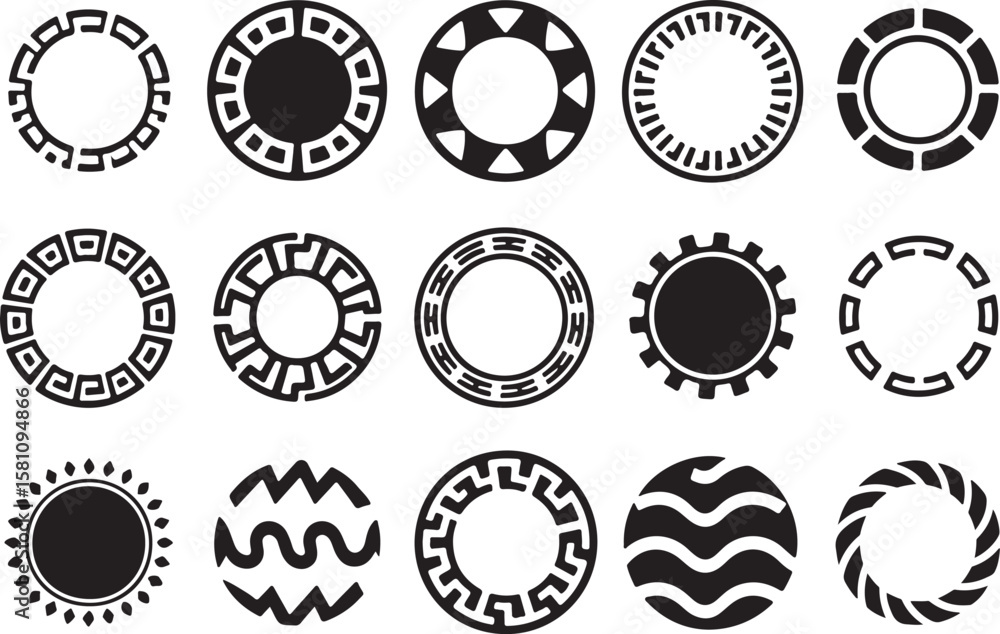 Poster collection of fifteen circular geometric patterns and symbols in black isolated on transparent backg