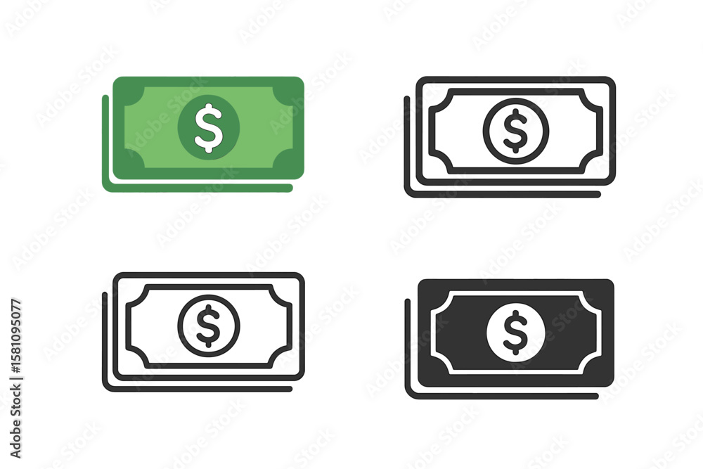 Poster vector illustrations of dollar bill stack icons are available in various styles, including two-color