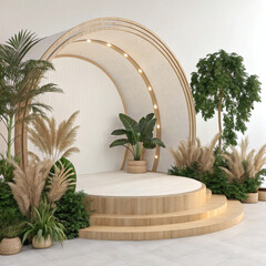 Modern minimalist stage with natural wood arch and lush green plants