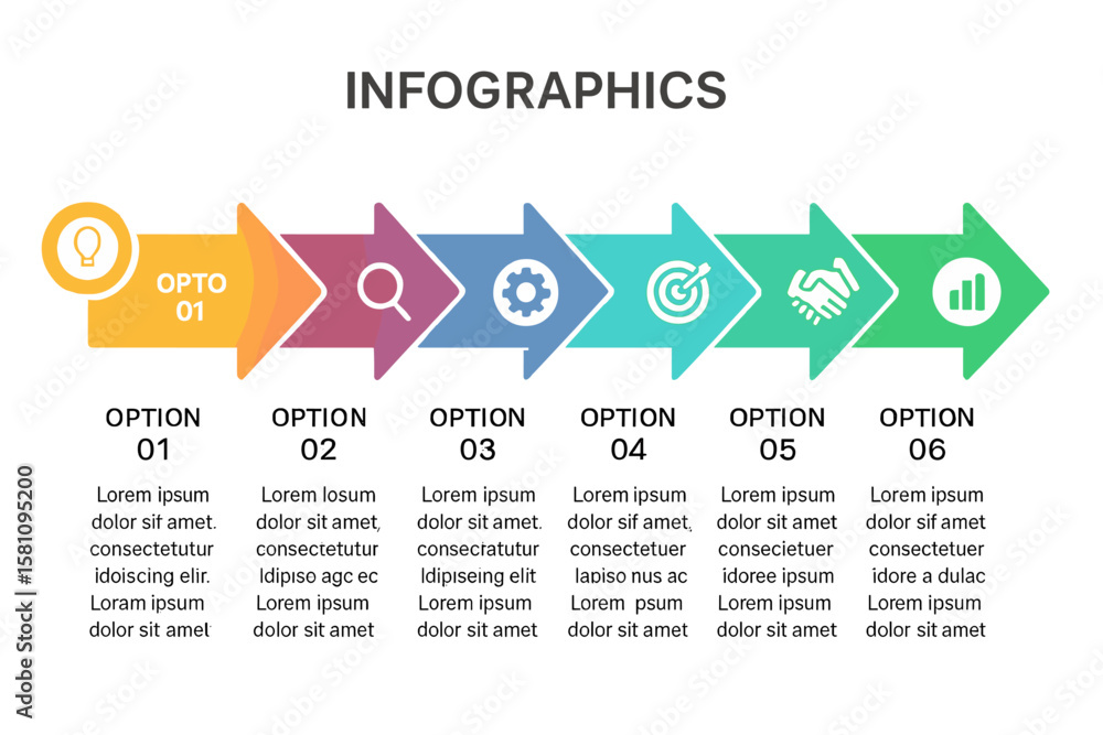 Aufkleber infographic arrow design featuring 6 options or steps in a vector format, suitable for business conc