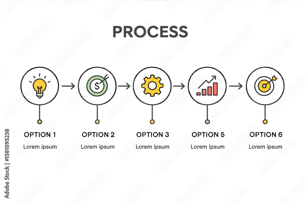 Poster business infographic featuring a thin line flat process with 6 options and arrows, utilizing vector 