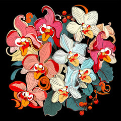 Tropical orchid flowers on dark background in vector pop art style