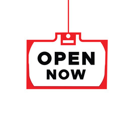 Open now, hanging poster red sign template banner illustration simple design isolated white background. vector web for, business, announce.
