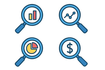 A collection of icons representing data analysis with a magnifying glass, used for market research and business analytics, including financial forecasting, in vector format