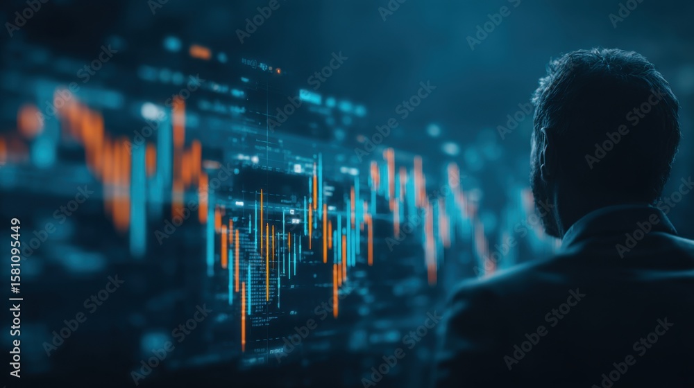 Poster a business professional observes fluctuating data trends on a screen filled with colorful graphs and