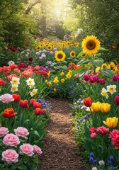Obraz premium Sunlit Garden Path with Colorful Blooming Flowers