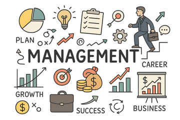 A management infographic concept featuring financial and business career development elements is depicted in a doodle style, presented as a vector hand-drawn illustration with isolated objects