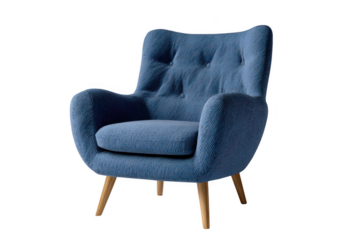 Comfortable blue upholstered armchair with tufted back and wooden legs isolated on transparent background