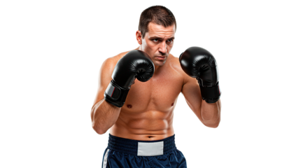 A muscular boxer in a focused fighting stance, ready for a challenge, wearing black gloves.