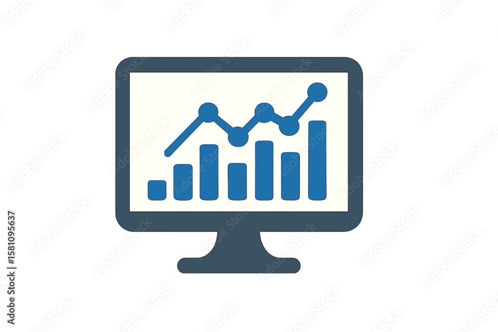 Poster business analytics features a trendy flat vector analytics monitor icon on a transparent background