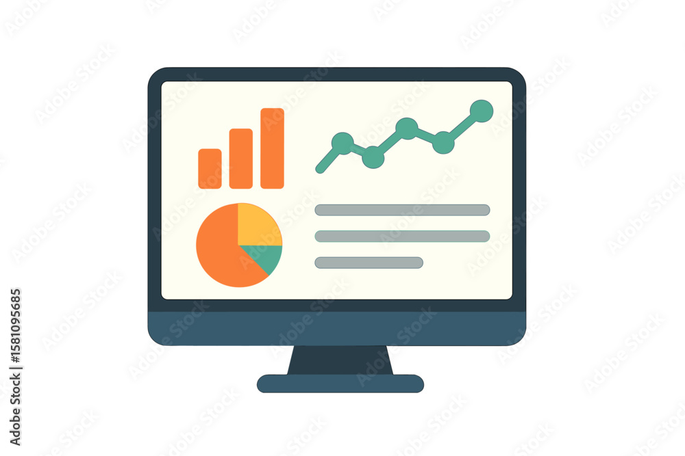 Fototapete Vector illustration of web analytic information displayed on a computer screen flat icon, incorporating trend graphs and report concepts, alongside statistic charts for planning, accounting