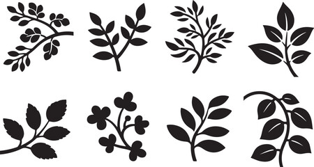 Collection of eight stylized black botanical plant branches and leaves isolated on transparent background