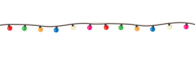 string lights on transparent background.  Garland with round colorful lights isolated on transparent background. Christmas lights string, Border of festive colorful holiday light string