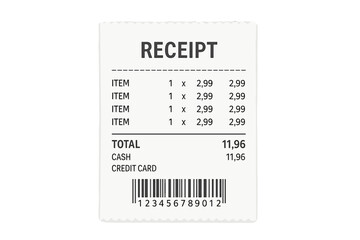 Vector illustration of a realistic paper shop receipt featuring a barcode, used for cash or credit card payments