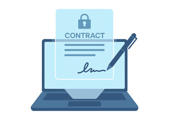 Fototapeta premium Completing an online transaction with an electronic signature, embodying a remote business concept that incorporates high security measures, alongside a notebook and holographic contract images for