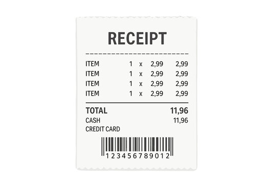 Vector illustration of a realistic paper shop receipt featuring a barcode, used for cash or credit card payments