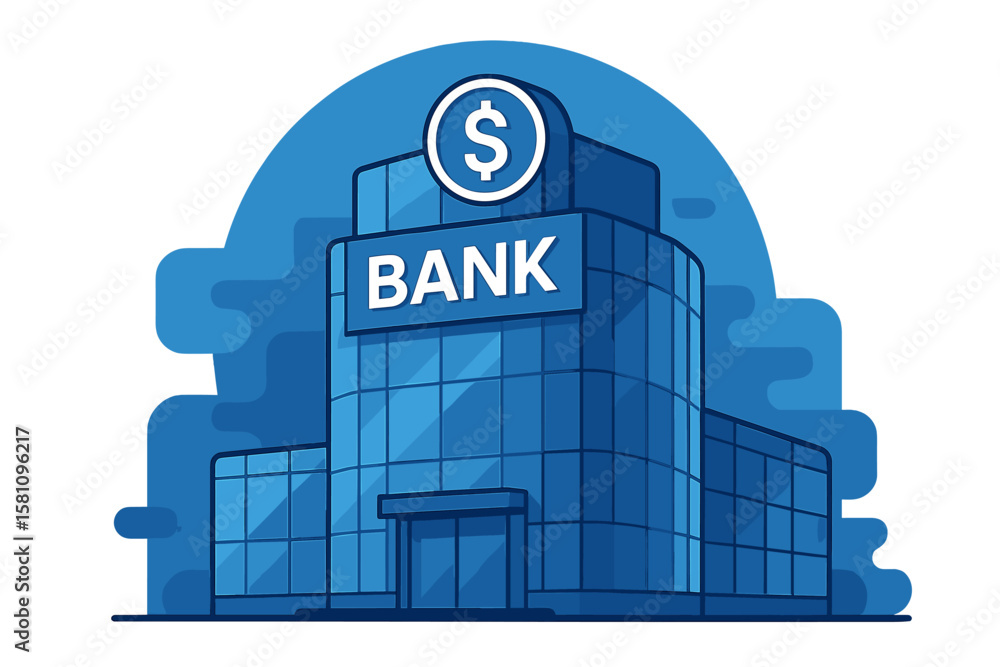 Poster a laptop screen displays a bank building with columns made of a digits matrix in an online internet 