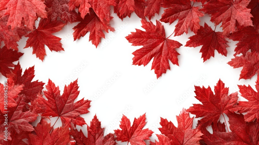 Poster bright red maple leaves are arranged artistically to frame a central empty space on a white backgrou