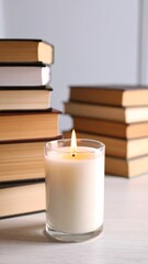 Soft light candle beside stacked books