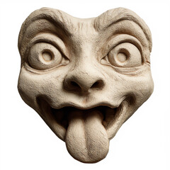 3D Zany Face with Tongue Out and Crazy Eyes, Clay Style, Isolated on Transparent White Background

