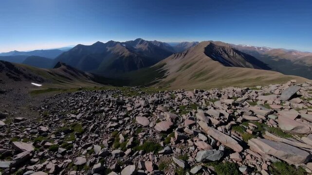 sweeping camera pan right along a hiking trail leading toward Quandary Peak and Kenosha Pass in Colorado showing early morning light melting snow and expansive views of the Rocky Mountains