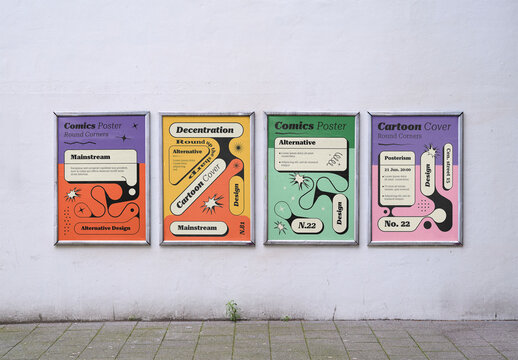 Mockup Of Four Vertical Customized Posters On Wall