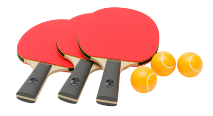 Three ping pong paddles and balls arranged in a studio shot, ready to play.