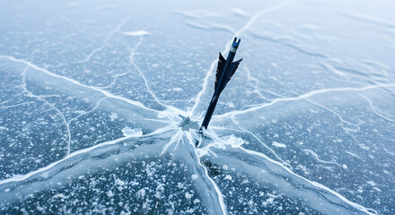 Arrow Piercing Frozen Lake Surface Creating Fractures Winter Outdoors Scene