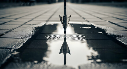Arrow pierces the surface of a puddle with reflection creates mesmerizing ripple effect