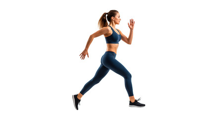 A woman runs, showcasing athleticism, fitness, and a healthy lifestyle in sportswear.