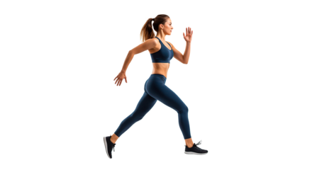 A woman runs, showcasing athleticism, fitness, and a healthy lifestyle in sportswear.