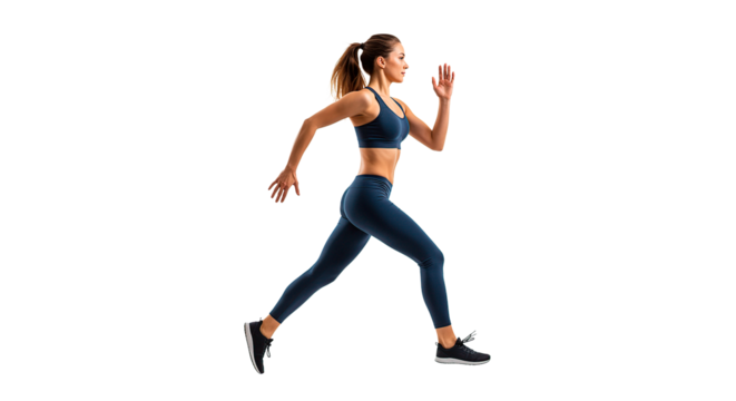 A woman runs, showcasing athleticism, fitness, and a healthy lifestyle in sportswear.