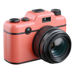 A modern coral digital camera with a black lens and buttons isolated on transparent background