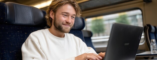 Young man in a sweatshirt enjoys working on his laptop while traveling on a train, accompanied by a water bottle