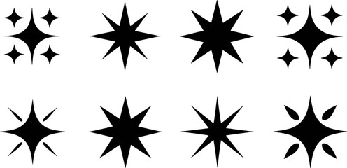 Black starburst shapes and sparkle icons symbol
