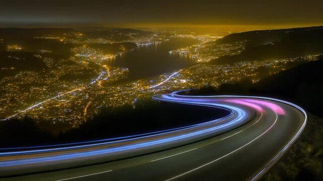 Aerial view of illuminated S-shaped road with light trails