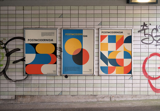 Mockup Of Three Customizable Posters And Graffiti