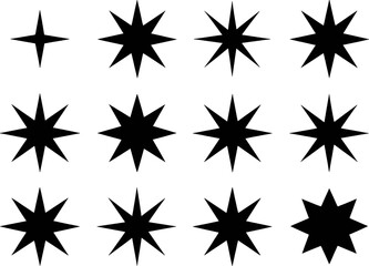 Black starburst shapes collection with varying points and sizes white