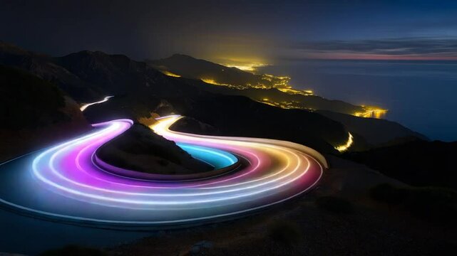S-shaped road with light trails in illuminated valleys