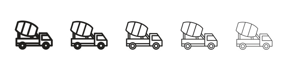 Cement truck icon in thin to bold stroke versions on white background