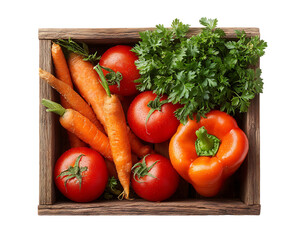 Crate Filled with Mixed Fresh Farm Vegetables Including Root and Leafy Produce on Transparent Background