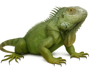 Fototapeta premium Green iguana displaying textured scales and spines, isolated against transparent backdrop, highlighting distinctive reptilian features