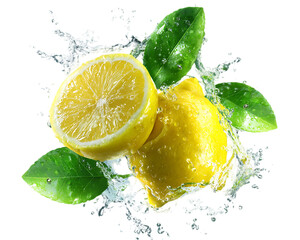 Lemon Slice with Water Splash and Green Leaf Accents in Refreshing Composition on Transparent Background