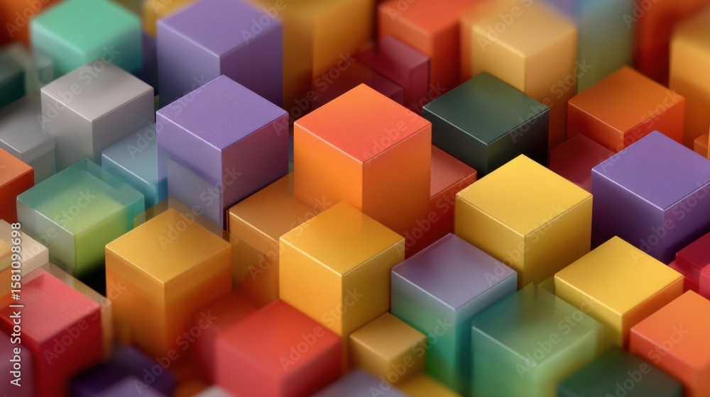 Poster a multitude of cubes in assorted vibrant colors are densely packed together, forming an engaging geo