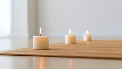 Three lit white candles on a bamboo mat creating a serene and peaceful atmosphere