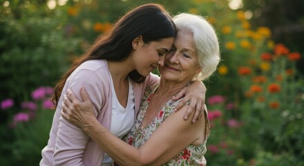 Naklejka premium Grandmother and Granddaughter Embrace in a Sunny Garden