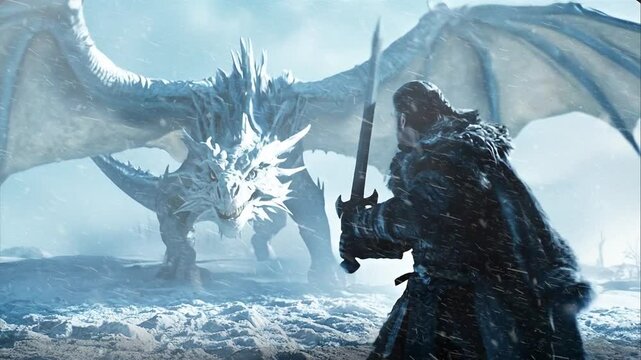 Ice Dragon Threatening Warrior with Sword 4K Loop features an A.I. Generated video of a warrior with a sword facing a white ice dragon in a winter snowscape with blowing snow in a loop.