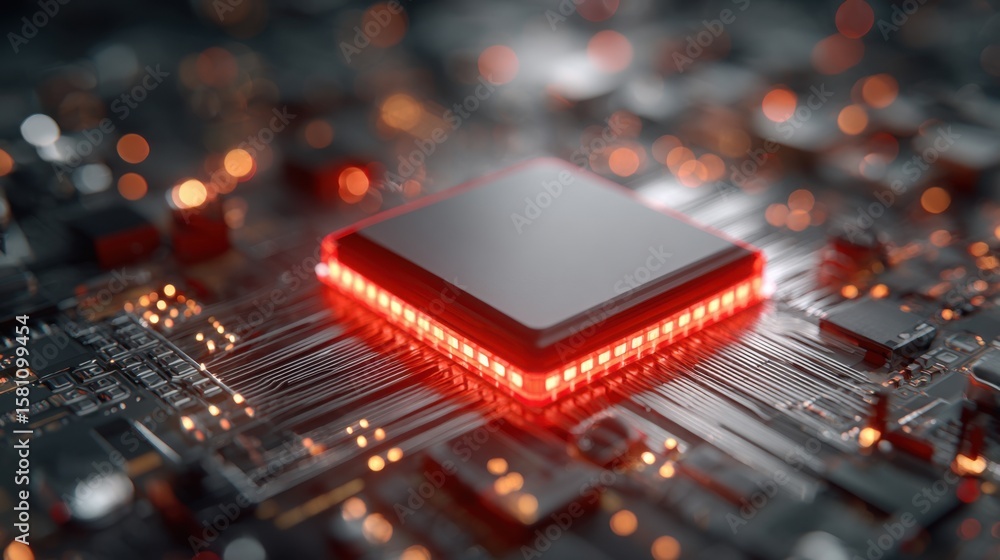 Poster a microprocessor sits prominently on a complex circuit board, illuminated by glowing red lights that