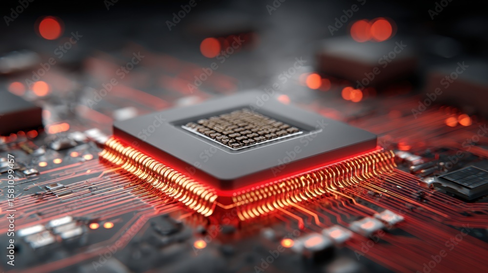 Poster detailed view showcases a computer processor with red illuminated circuits surrounding it, illustrat